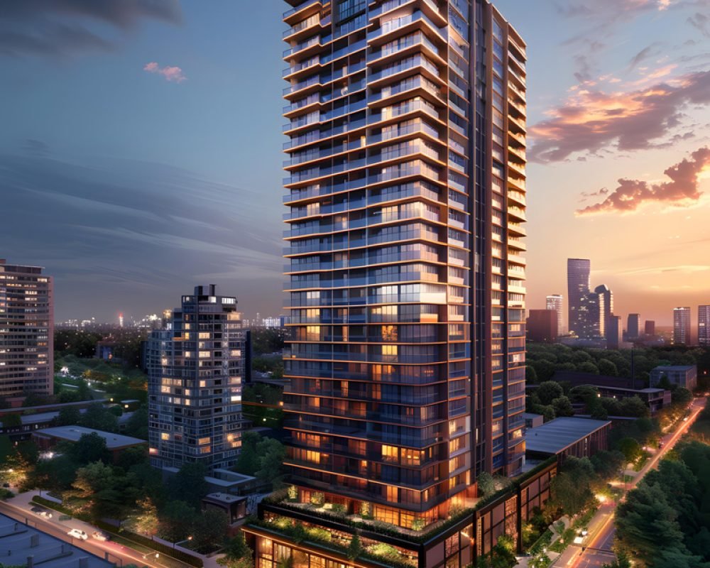 A modern high-rise residential building with a glass facade